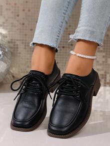 Solid Color Preppy School Style Lace-Up Office High Heel Shoes, Non-Slip Thick Heel Square Toe Shoes, Simple Fashion Sexy Comfortable Low Price Casual Loafers, Country Outdoor Ladies High Heel Shoes, Dance Shoes, Fashion Shoes