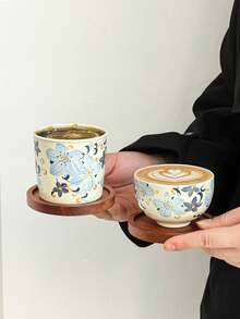 1件套复古简约陶瓷咖啡杯碟套装，百合图案功夫茶杯，家用客厅陶瓷茶杯，咖啡拿铁杯带木架 - 彩色 - 查看 1