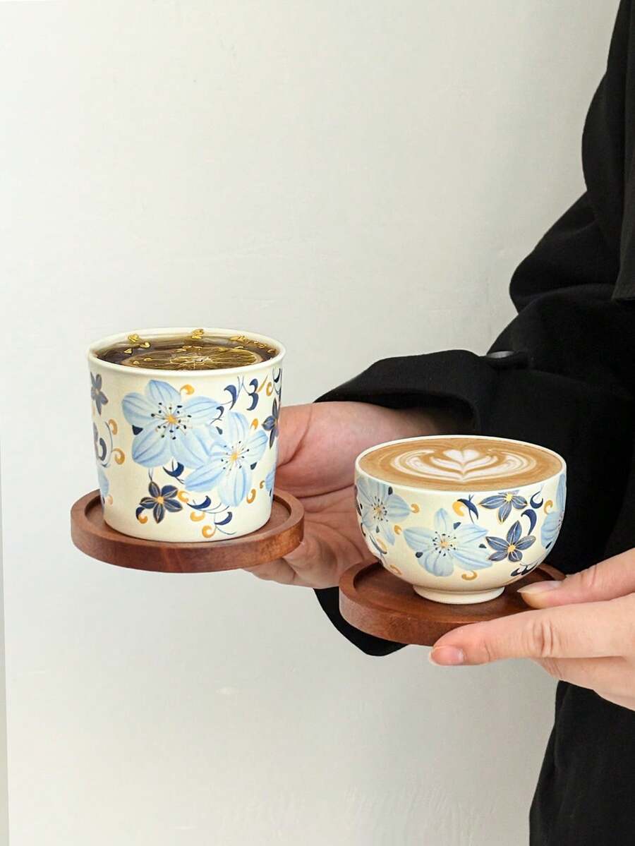 1件套复古简约陶瓷咖啡杯碟套装,百合图案功夫茶杯,家用客厅陶瓷茶杯,咖啡拿铁杯带木架 - 彩色 - 查看 1