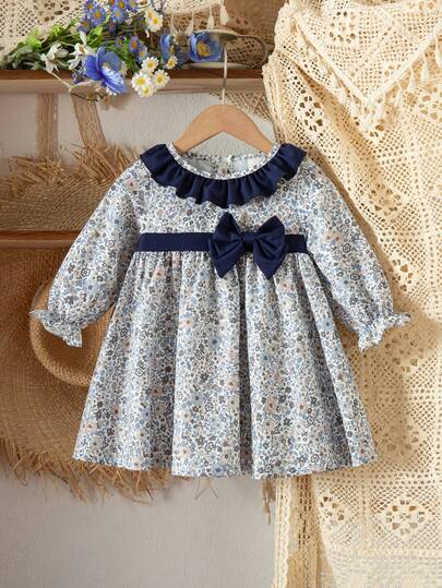 Baby Girl Long Sleeve Blue Ditsy Floral Dress, Casual Bowknot Patchwork Dress For Autumn