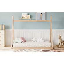 TWINSIZE CHILDREN'S WOODEN TENT BED, MONTESSORI-STYLE LOW-FLOOR BED, HOUSE-SHAPED TENT BED FRAME, SUITABLE FOR BOYS, GIRLS, AND TEENS, NO SLATS, NATURAL COLOR