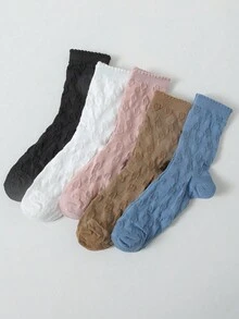 1/5 双女士洛丽塔风格纯色可爱荷叶边短袜，适合日常穿着（随机混合） - 彩色 - 查看 5