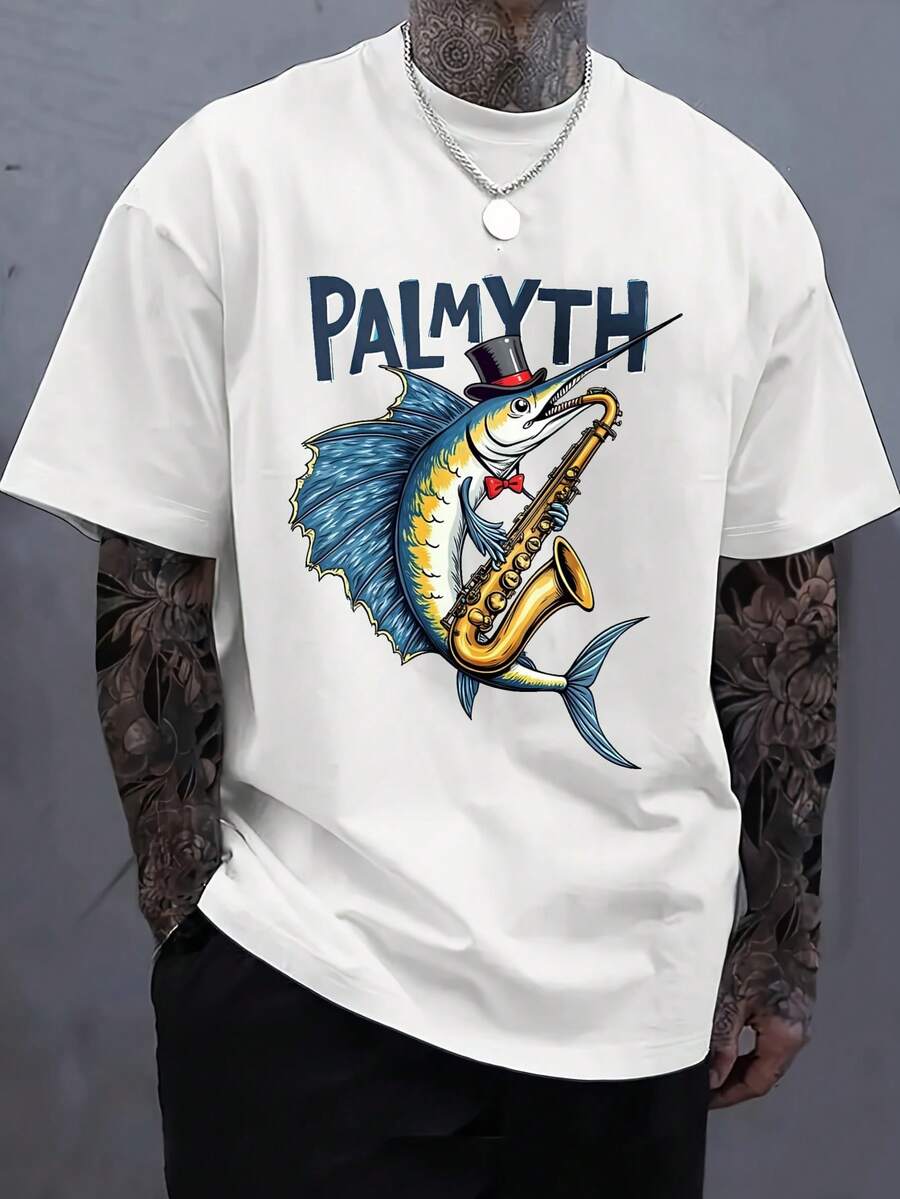 Men's Cool Casual Graphic Tees Funny Dad Papa Boys Fishing T-Shirts Black White Options Oversized Crewneck Cotton Summer Top Short Sleeve Fish Playing Saxophone Under Palmyth Text Artwork Humorous Graphic T-Shirts For Him Plus Size S-3XL Premium Quality Unique Graphic Tees,Fall Shirts Birthday Gift For Men Father
-White - 白色 - 查看 1