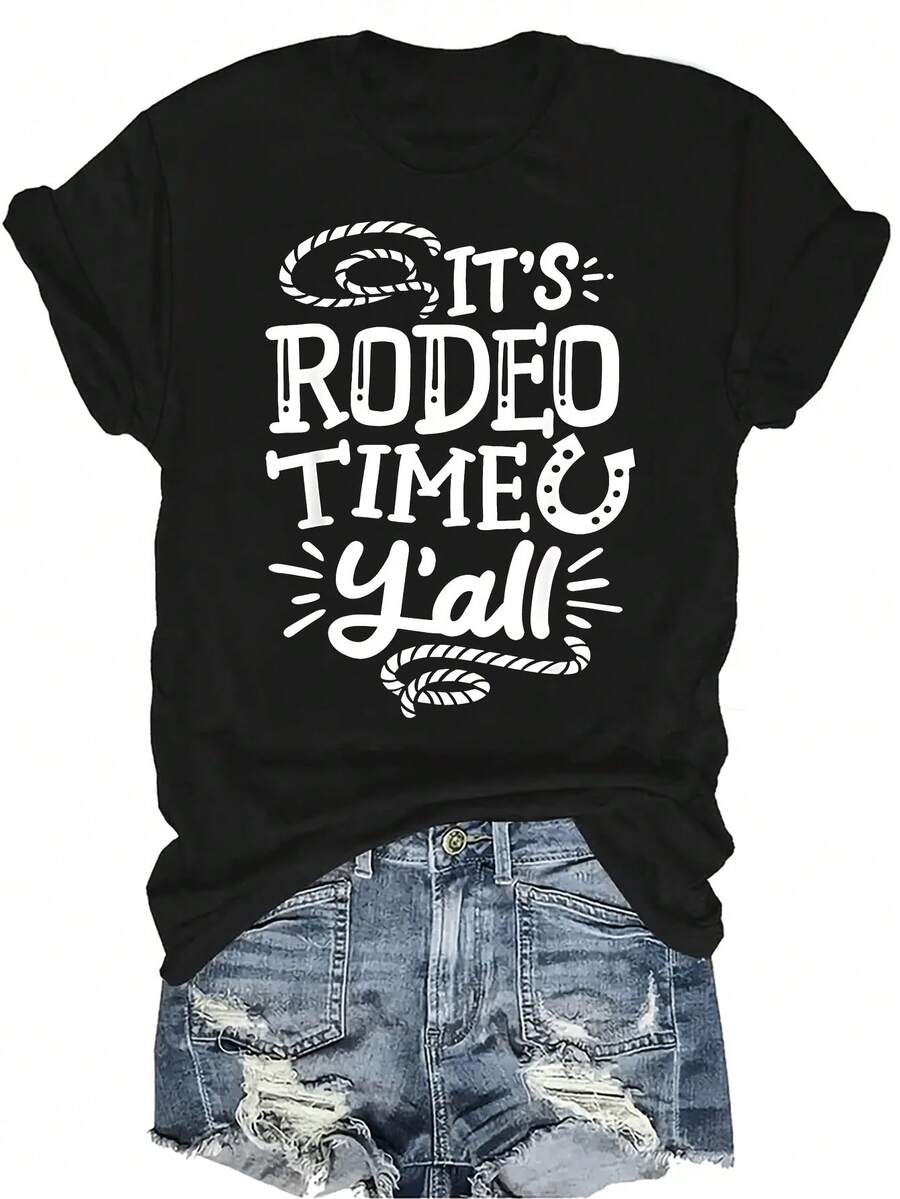 Camiseta "Es hora del rodeo, amigos" para mujer y unisex, de verano, casual, transpirable, con personalidad, cuello redondo, manga corta, ropa de calle, versátil, adecuada para adolescentes y adultos - Negro - Ver 1