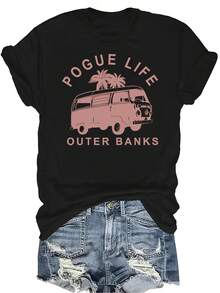 Camiseta Pogue Life de O-Uter Banks, para mujer y unisex, de verano, casual, transpirable, con personalidad, cuello redondo, manga corta, ropa de calle, versátil, adecuada para adolescentes y adultos - Negro - Ver 1