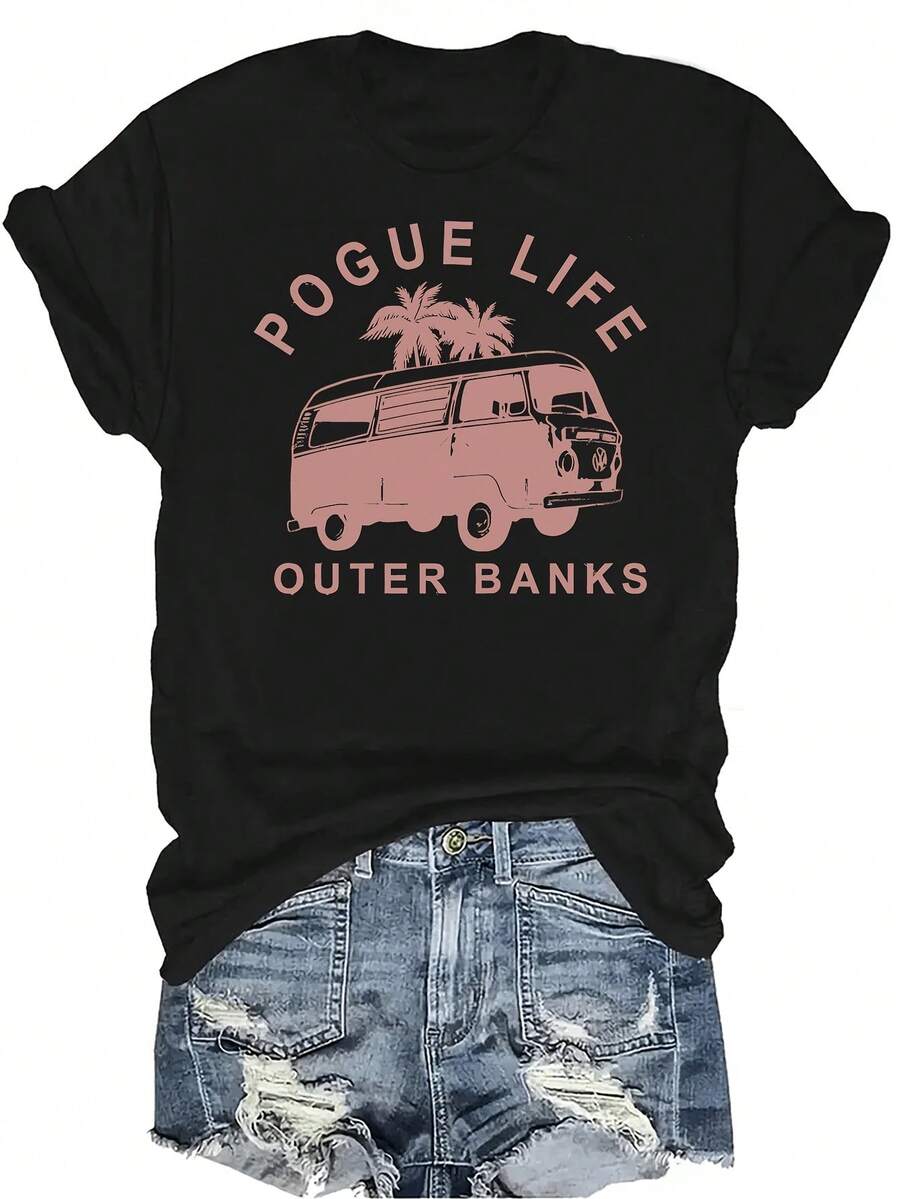 Camiseta Pogue Life de O-Uter Banks, para mujer y unisex, de verano, casual, transpirable, con personalidad, cuello redondo, manga corta, ropa de calle, versátil, adecuada para adolescentes y adultos - Negro - Ver 1