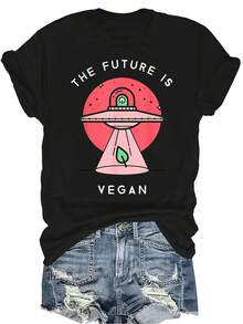 La camiseta "El futuro es vegano" con diseño de ovni alienígena es una camiseta de verano unisex casual, transpirable y de personalidad con cuello redondo y manga corta, adecuada para adolescentes y adultos - Negro - Ver 1
