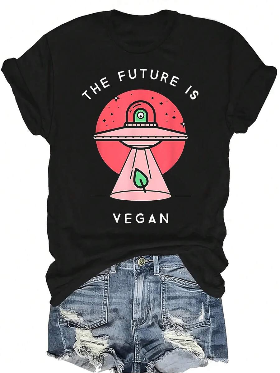 La camiseta "El futuro es vegano" con diseño de ovni alienígena es una camiseta de verano unisex casual, transpirable y de personalidad con cuello redondo y manga corta, adecuada para adolescentes y adultos - Negro - Ver 1