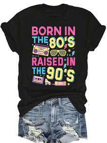 Camiseta gráfica retro de los años 80-90 para mujer y unisex, de verano, casual, transpirable y con personalidad. Cuello redondo, manga corta, estilo urbano y versátil, adecuada para adolescentes y adultos - Negro - Ver 1
