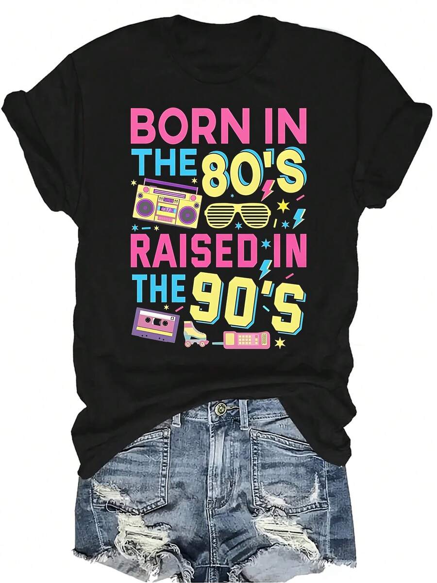 Camiseta gráfica retro de los años 80-90 para mujer y unisex, de verano, casual, transpirable y con personalidad. Cuello redondo, manga corta, estilo urbano y versátil, adecuada para adolescentes y adultos - Negro - Ver 1