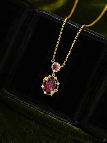 1 件 S925 银方晶锆石镶嵌复古红宝石蝴蝶吊坠项链，优雅精致的珠宝，适合女性参加派对和宴会 - 金黃色 - 查看 3