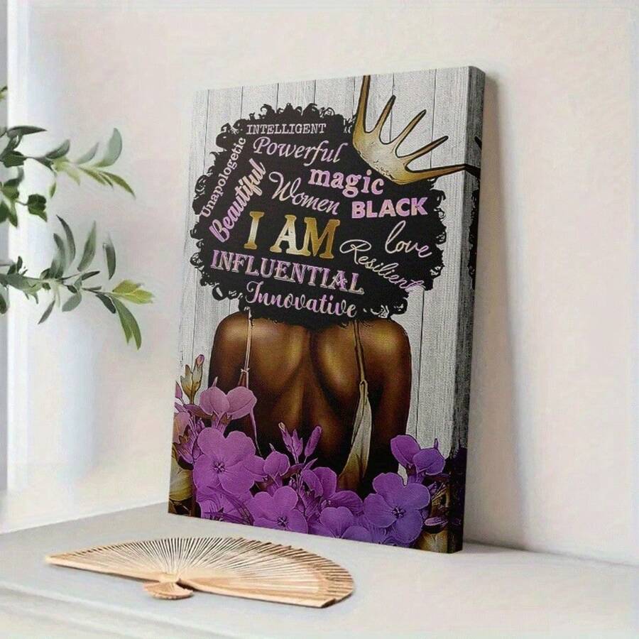 1pc Empowering 'I AM' Affirmation Art Print - 29.97x39.88 Cm Or 39.88x59.94 Cm Framed Canvas Painting With Regenerated Wood Frame, Vibrant Purple Flowers & Golden Accents, Inspirational Wall Decor For Home, Office, Or Gift, African American Wall Art, Feminine Theme, Frame - Nhiều màu - Xem 1