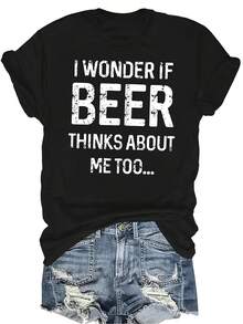 Camiseta de mujer y unisex con estampado de letras de cerveza, de verano, casual, transpirable, de personalidad, de cuello redondo, de manga corta, de uso versátil, adecuada para adolescentes y adultos - Negro - Ver 1