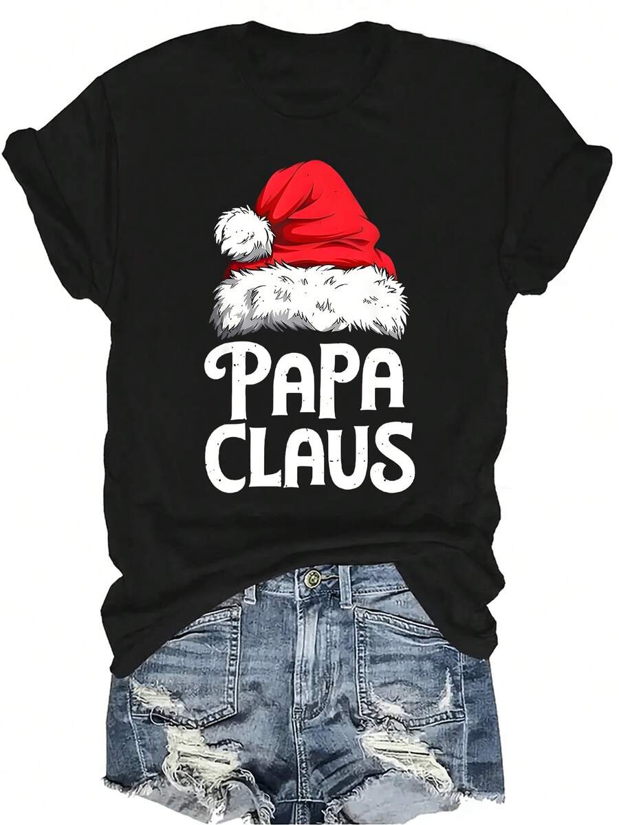 Camiseta de manga corta con estampado de texto de sombrero de Papá Noel, para hombres. Camiseta de verano casual, transpirable y de personalidad con cuello redondo y manga corta, adecuada para adolescentes y adultos, de estilo versátil y urbano. - Negro - Ver 1