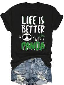 Camiseta con estampado de panda para mujer y unisex, de verano, casual, transpirable, de personalidad, cuello redondo, manga corta, ropa de calle, versátil, adecuada para adolescentes y adultos - Negro - Ver 1