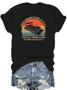 Camiseta de capitán de pontón súper sexy para mujer, unisex, de verano, casual, transpirable, con personalidad, de cuello redondo, de manga corta, ropa de calle, versátil, adecuada para adolescentes y adultos - Negro - Ver 1