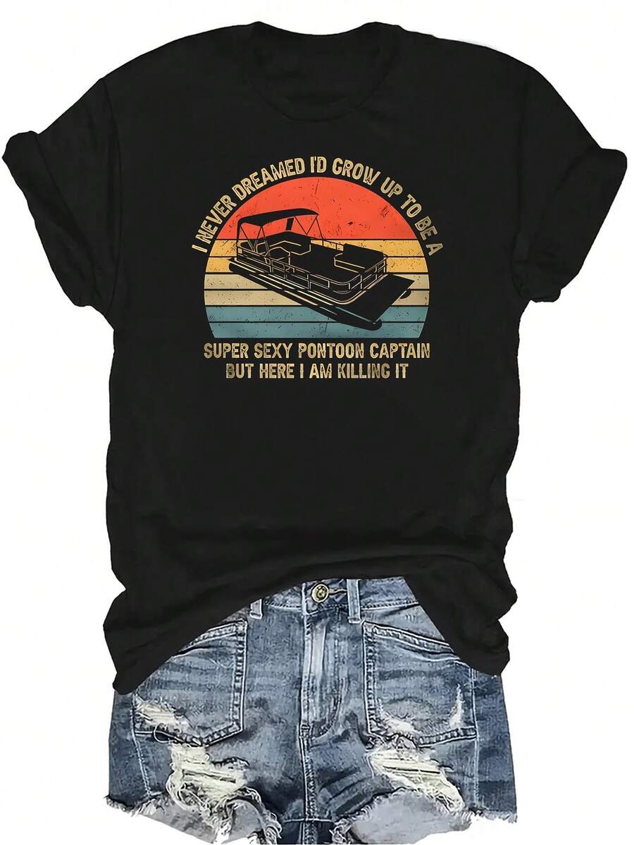 Camiseta de capitán de pontón súper sexy para mujer, unisex, de verano, casual, transpirable, con personalidad, de cuello redondo, de manga corta, ropa de calle, versátil, adecuada para adolescentes y adultos - Negro - Ver 1