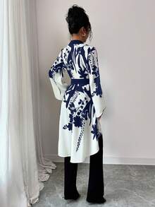 对称印花黑米色长袖收腰鱼尾下摆优雅法式衬衫 - 藏蓝色 - 查看 2