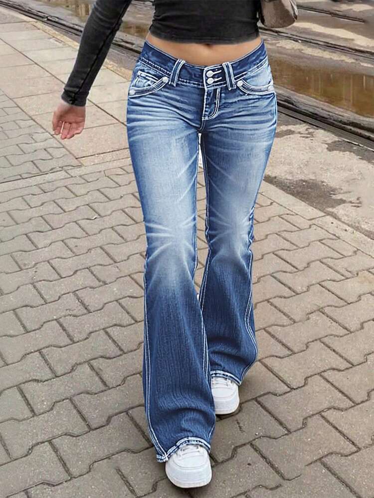 Women's Low-Rise Flared Jeans Stretch Trousers Double-Button Fly Butt-Lifting Pockets Sexy Y2K Retro Style Date Outfit - Medium Wash - View 1