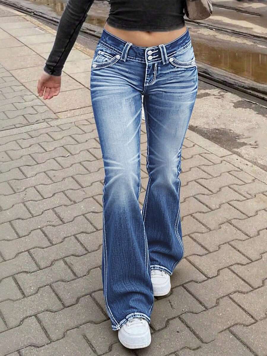 Women's Low-Rise Flared Jeans Stretch Trousers Double-Button Fly Butt-Lifting Pockets Sexy Y2K Retro Style Date Outfit - Medium Wash - View 1