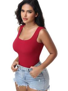 Women's Built-In Bra Tank Top Ribbed Slim Fit Wirefree Shelf Padded Tank Shirts Wide-Strap Square Neck Undershirt - Màu Đỏ Sâu - Xem 9