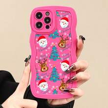Christmas Tree, Santa Claus, Reindeer Pattern Wavy Design Shockproof Phone Case With Heart-Shaped Lanyard, Compatible With Apple 16 Pro Max, 14, 13, 12, 11 Pro Max, XS Max, X, XR, 8, 7, Plus, Suitable As Birthday Gift For Girlfriend, Family Or Personal Use