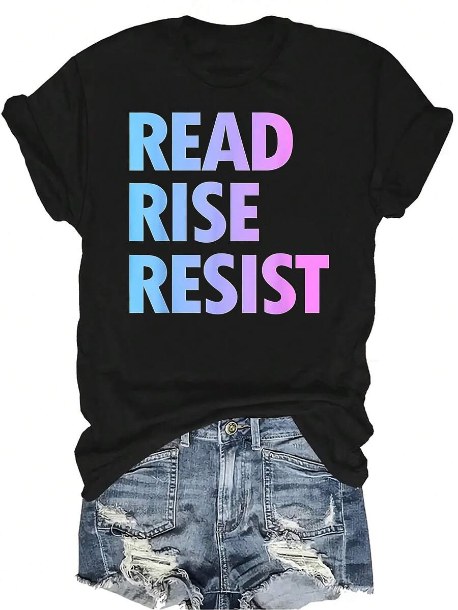 Camiseta "Read Rise Resist Making Reading A Political Acte" para mujeres y unisex, de verano, casual, transpirable, con personalidad, cuello redondo, manga corta, estilo urbano, versátil, adecuada para adolescentes y adultos - Negro - Ver 1