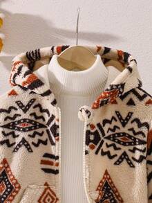 Young Boys Fleece Printed Jacket, Hooded Casual Zip-Up Warm Outerwear, Autumn/Winter - Beige - View 3