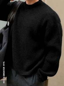 Lightweight Casual Textured Knit Sweater, Minimalist Design, Loose Fit Crew Neck Pullover For Unisex, Suitable For Autumn/Winter - Black - View 2