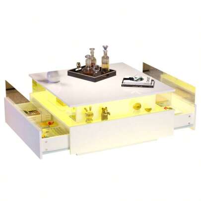 Coffee Table With Storage Living Room, Modern LED Coffee Table, Square Tea Table With 2 Sliding Drawers Wood Center Table Acrylic Glass Coffee Table,