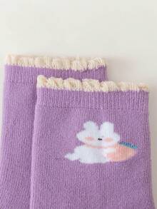 5 Pairs Girls' Mid-Calf Socks, Purple, Blue, White, Color Block, Cartoon Rabbit, Letter, Striped Patterns, Soft & Warm, Thick, Simple Design, Cute, Fashionable, Versatile, Suitable For Autumn/Winter Daily Wear - Multicolor - View 11
