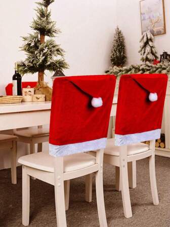 6pcs-Christmas Chair Back Cover Holiday Dress ChristmasBig Hat Printed Non-Woven Christmas Chair Cover, Can BeUsed In The Dining Room, Bedroom, Kitchen Outdoor AVariety Of Scenes, Red Xmas Decorative Dust-Proof Chair Slipcover