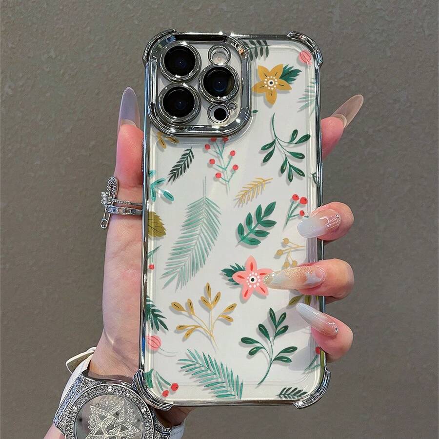 1 Piece, Simple And Stylish Silver Phone Case With Leaf And Flower ...