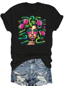 Camiseta con diseño de Medusa de la mitología griega para mujer y unisex, de verano, casual, transpirable, de cuello redondo, manga corta, estilo urbano y versátil, adecuada para adolescentes y adultos - Negro - Ver 1