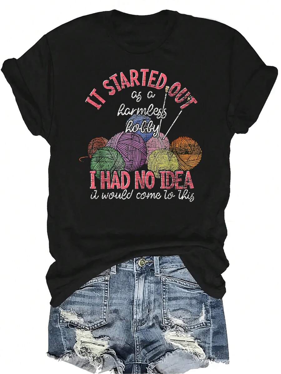 Comenzó como un pasatiempo inofensivo Camiseta de punto para mujeres Unisex Verano Casual Transpirable Personalidad Cuello redondo Manga corta Camiseta Ropa de calle Versátil Parte superior, Adecuado para adolescentes y adultos - Negro - Ver 1