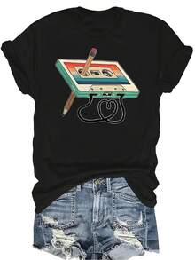 Camiseta con patrones interesantes para mujer y unisex, de verano, casual, transpirable, con cuello redondo, manga corta, estilo urbano y versátil, adecuada para adolescentes y adultos - Negro - Ver 1