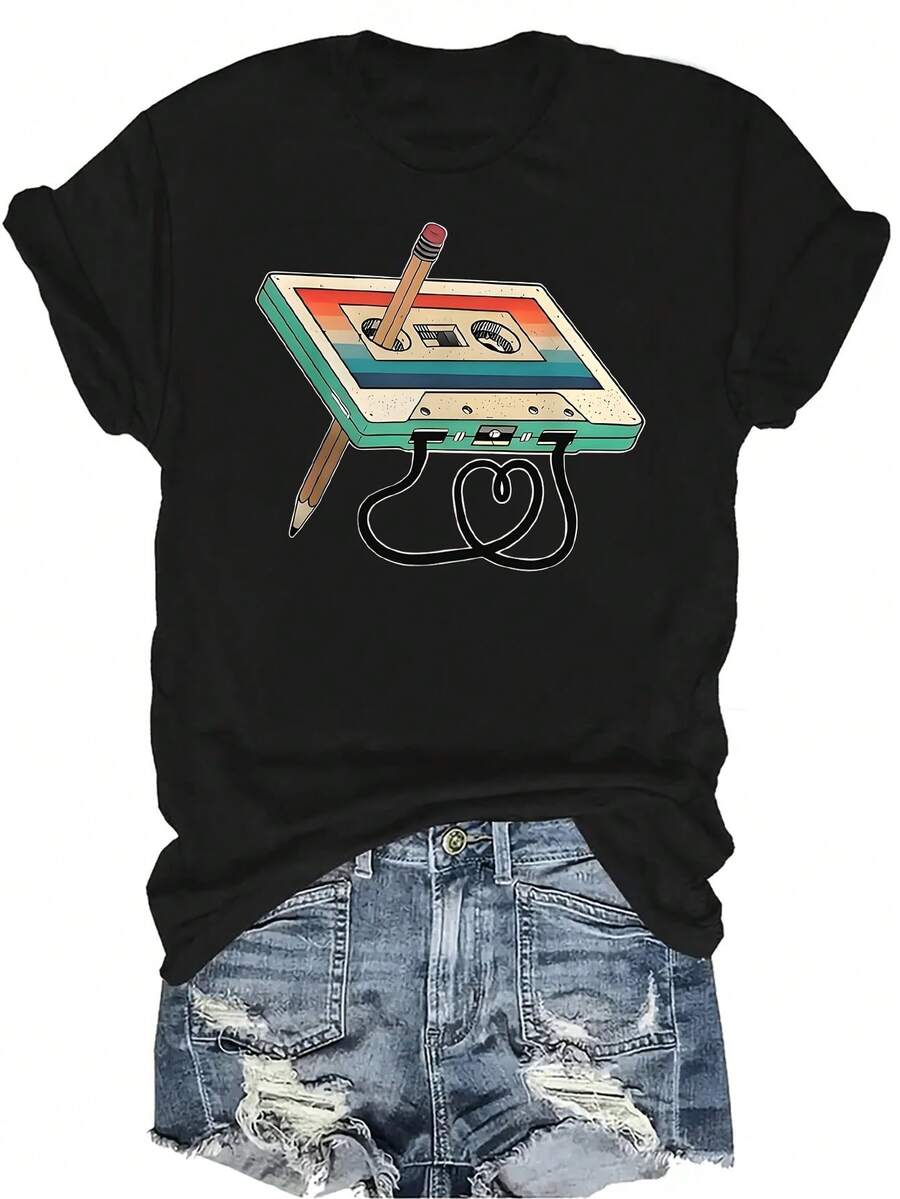 Camiseta con patrones interesantes para mujer y unisex, de verano, casual, transpirable, con cuello redondo, manga corta, estilo urbano y versátil, adecuada para adolescentes y adultos - Negro - Ver 1