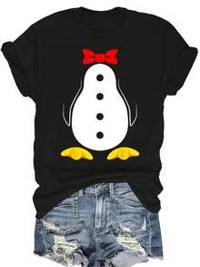 Camiseta gráfica de pingüino para mujer y unisex, de verano, casual, transpirable, con personalidad, cuello redondo, manga corta, ropa de calle, versátil, adecuada para adolescentes y adultos - Negro - Ver 1