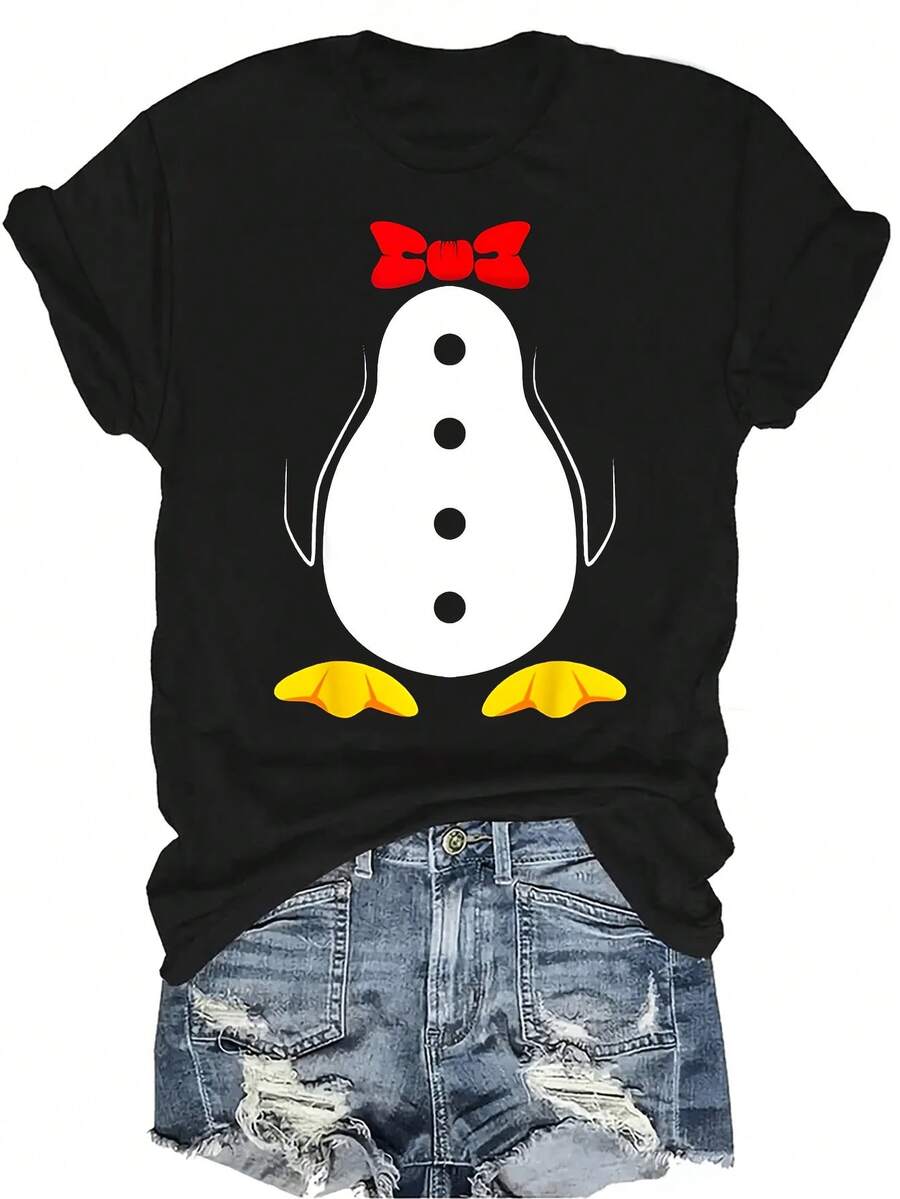 Camiseta gráfica de pingüino para mujer y unisex, de verano, casual, transpirable, con personalidad, cuello redondo, manga corta, ropa de calle, versátil, adecuada para adolescentes y adultos - Negro - Ver 1