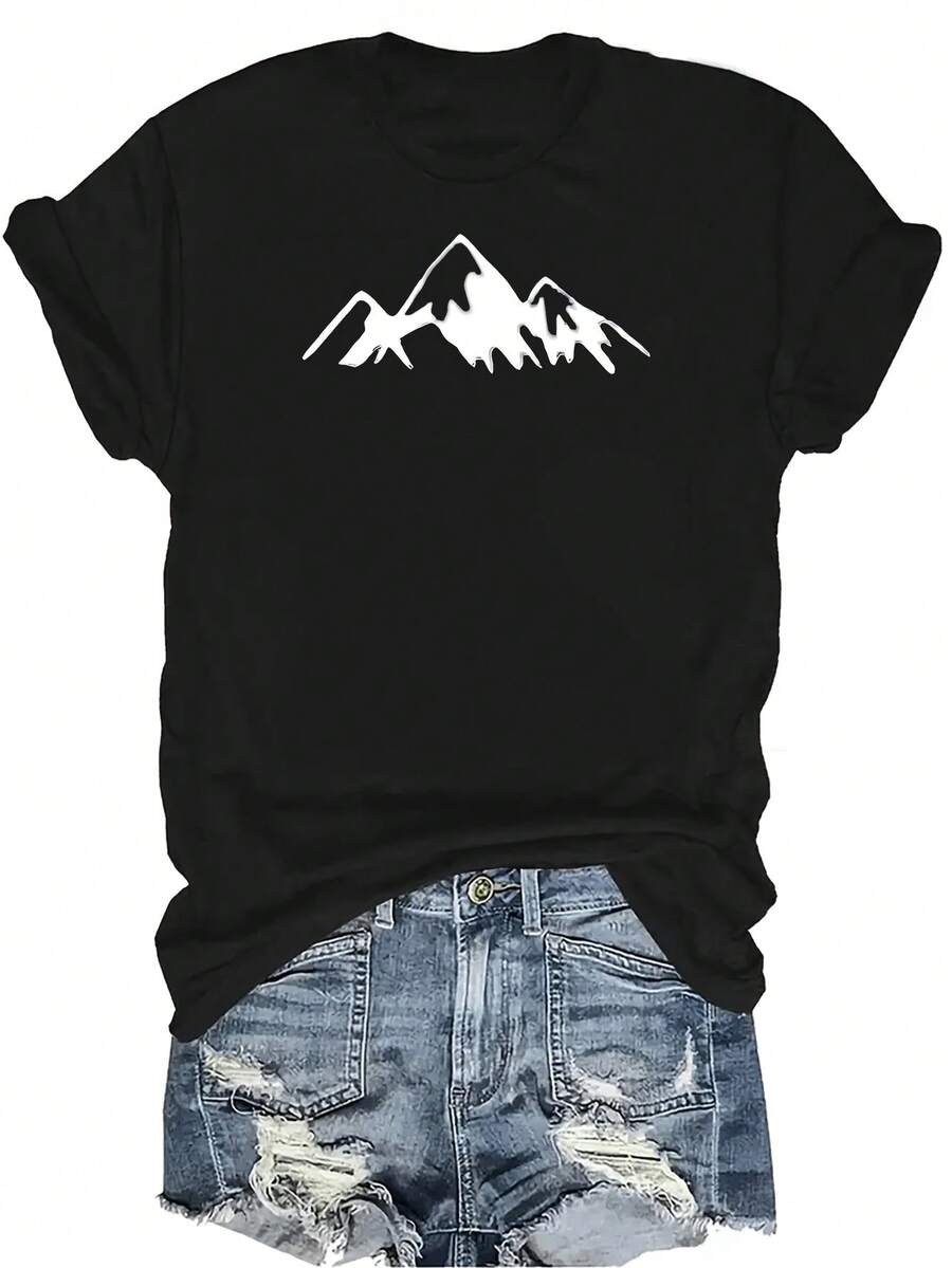 Camiseta con patrones interesantes para mujer y unisex, de verano, casual, transpirable, con personalidad, cuello redondo, manga corta, ropa de calle, versátil, adecuada para adolescentes y adultos - Negro - Ver 1