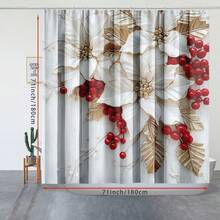1PC Festive Christmas Morning Shower Curtain ,Red Berry And White Flower Pattern Shower Curtain- Polyester With Hooks, Easy-Care, Holiday Spirit Design Bathroom Decor