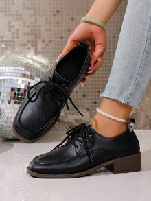 Solid Color Preppy School Style Lace-Up Office High Heel Shoes, Non-Slip Thick Heel Square Toe Shoes, Simple Fashion Sexy Comfortable Low Price Casual Loafers, Country Outdoor Ladies High Heel Shoes, Dance Shoes, Fashion Shoes