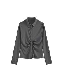 Áo kiểu tay phồng xếp ly thời trang dành cho các cô gái sành điệu, dáng ôm, phong cách Hàn Quốc thường ngày, thích hợp cho mùa xuân. - Xám - Xem 5