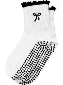 Non Slip Pilates Socks For Women - Cute Ruffle Yoga Socks With Grip, Embroidery Pattern - 黑色 - 查看 6