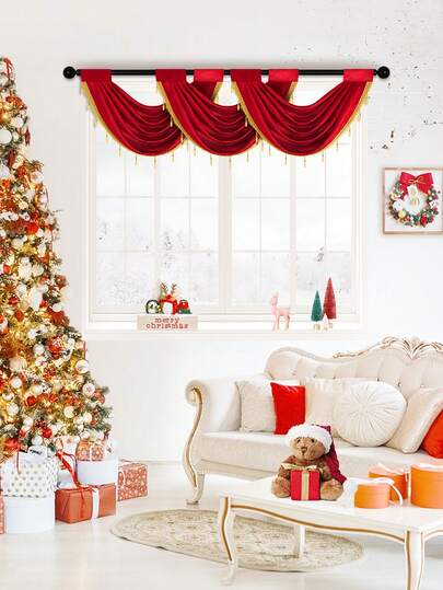 1pc Red Hollow Out Beaded Short Valance, Modern Minimalist Style Christmas Limited Edition Polyester Curtain, Suitable For Living Room, Bedroom, Party Window And Door Decor