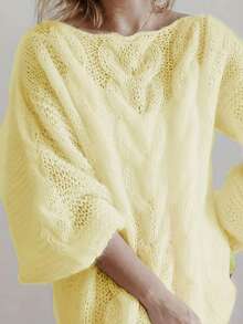 Eleganter, reiner, süßer, minimalistischer Lässig Strickpullover in Große Größen, europäischer Stil Langarm einfarbiger Rundhals Zopfstrick Pullover in Große Größen für Frauen - Gelb - Übersicht 4