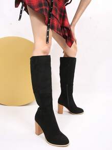秋冬女式时尚搭扣侧拉链平底靴，搭配毛衣百搭，过膝长靴 - 黑色 - 查看 6