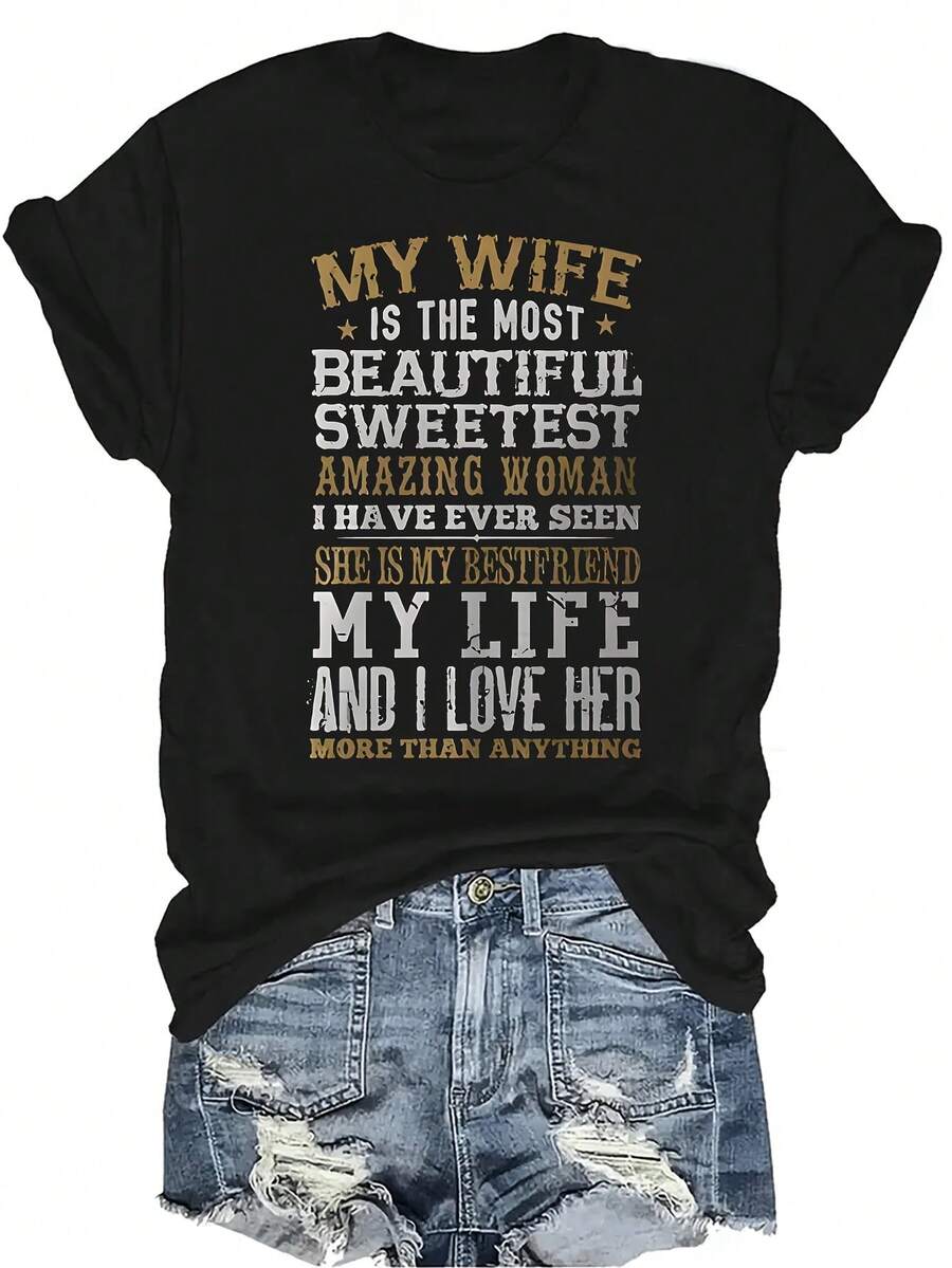 Mi esposa es la talla grande bella Camiseta para mujer Unisex Verano Casual Transpirable Personalidad Cuello redondo Manga corta Camiseta Ropa de calle Versátil, Adecuada para adolescentes y adultos - Negro - Ver 1