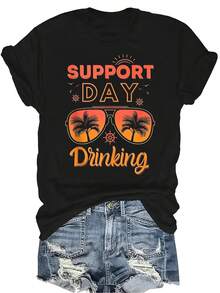 Camiseta de verano para mujer y unisex con texto divertido "Support Day Drinking" para vacaciones en la playa, de estilo casual y transpirable, de cuello redondo y manga corta, adecuada para adolescentes y adultos - Negro - Ver 1