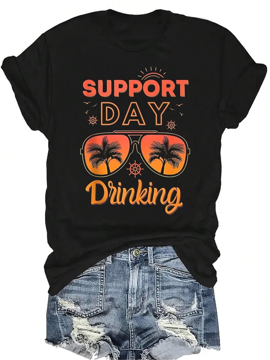 Camiseta de verano para mujer y unisex con texto divertido "Support Day Drinking" para vacaciones en la playa, de estilo casual y transpirable, de cuello redondo y manga corta, adecuada para adolescentes y adultos - Negro - Ver 1